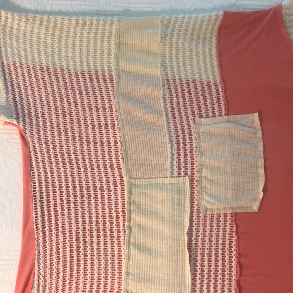 POL Salmon Pink & Cream Crochet Patchwork Color Block Boho Knit Top L - Picture 8 of 14